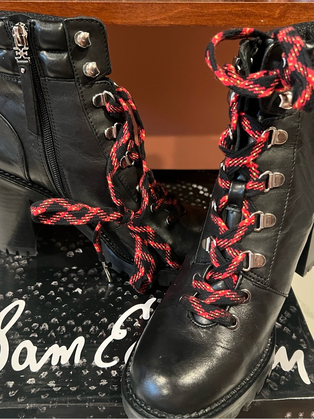 Sam Edelman Black Lace-Up Combat Boots with Red Accent Laces